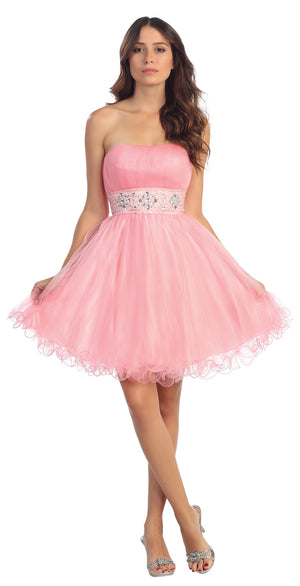 Image of Strapless Pleated Rhinestone Waist Short Party Dress  in Pink