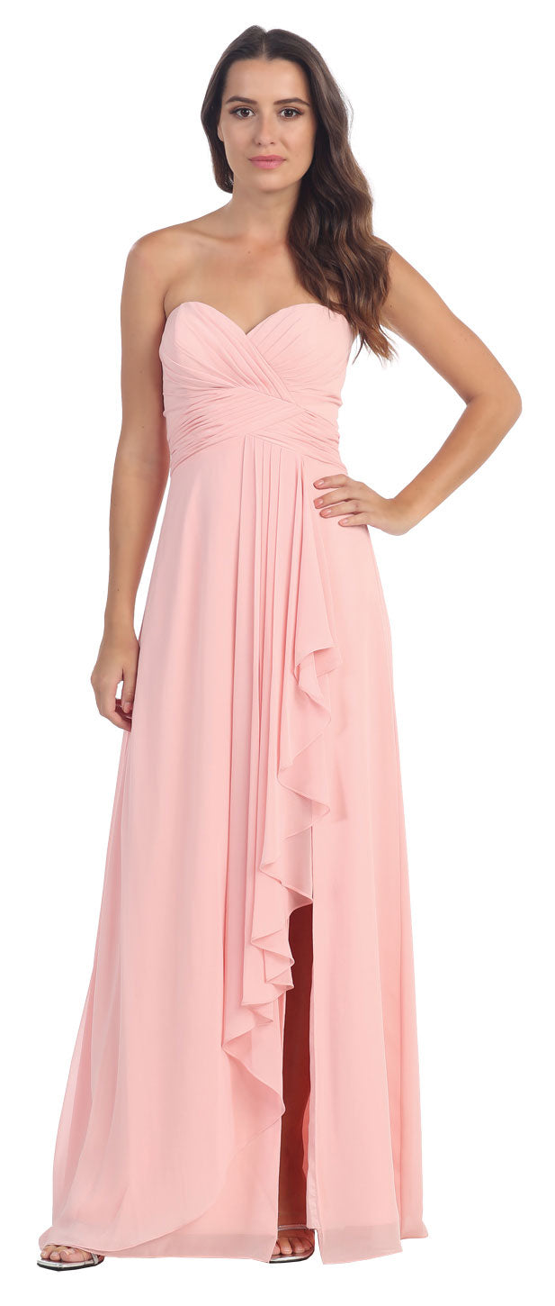 Image of Strapless Pleated & Ruffled Long Bridesmaid Dress  in Blush