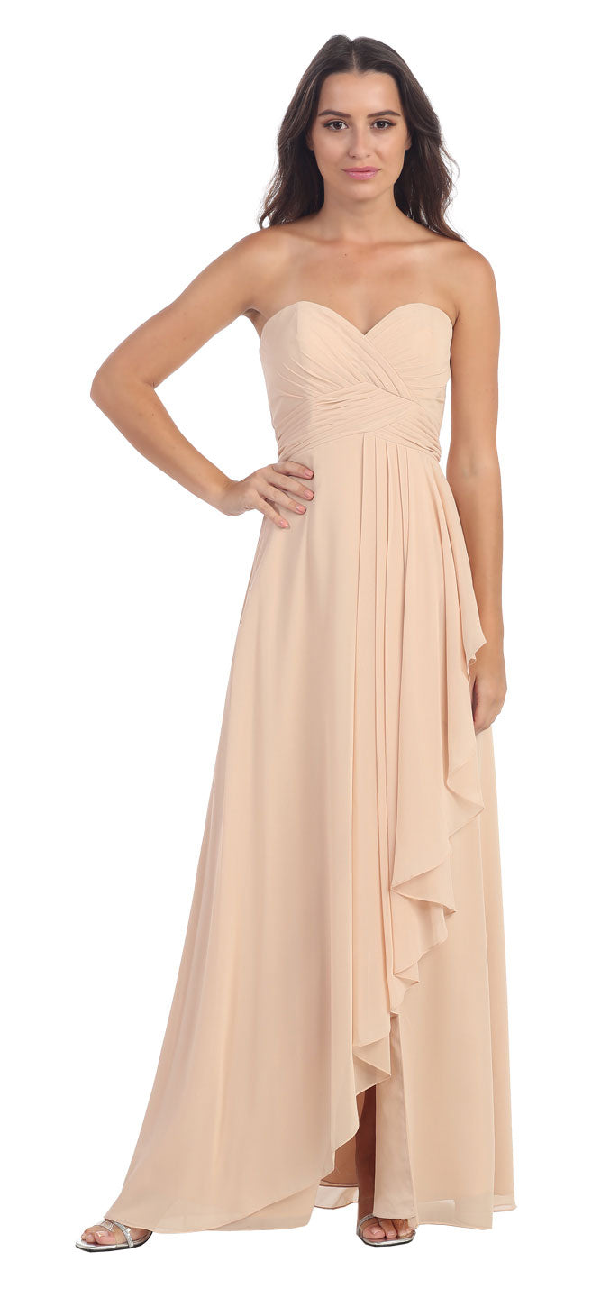 Image of Strapless Pleated & Ruffled Long Bridesmaid Dress  in Champaign