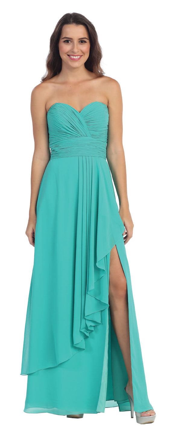 Image of Strapless Pleated & Ruffled Long Bridesmaid Dress  in Jade Green