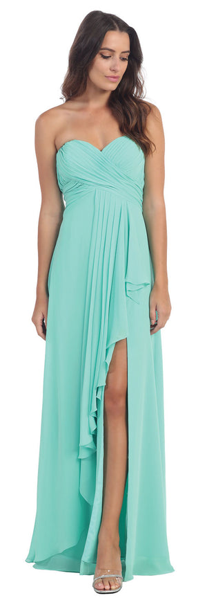 Image of Strapless Pleated & Ruffled Long Bridesmaid Dress  in Mint