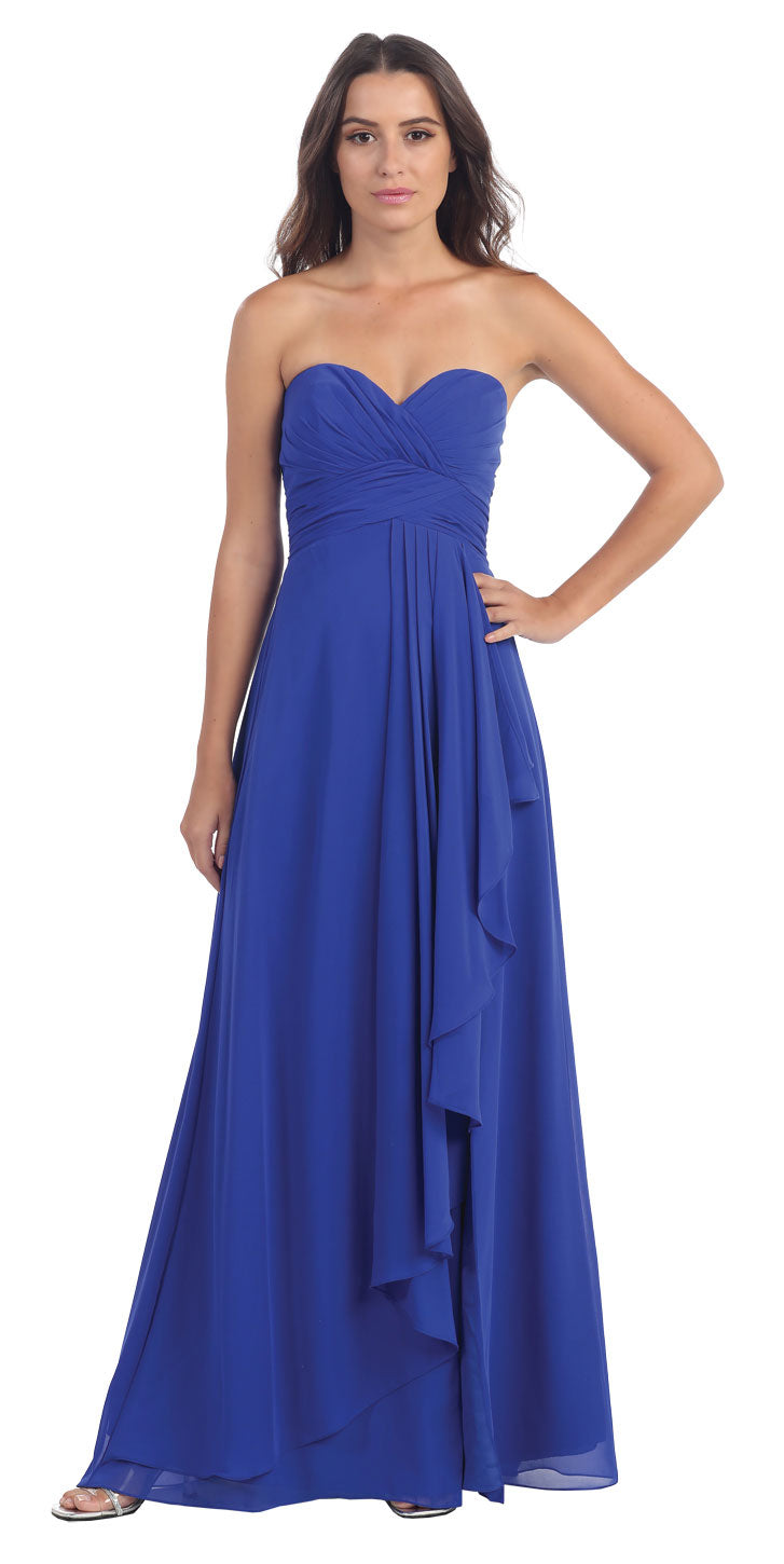 Image of Strapless Pleated & Ruffled Long Bridesmaid Dress  in Royal Blue