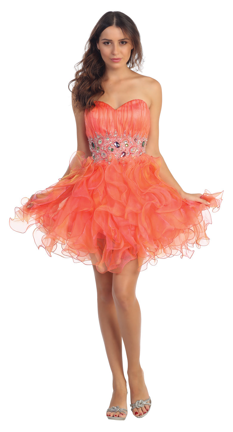 Image of Strapless Rhinestone Waist Ruffled Short Party Prom Dress in Coral