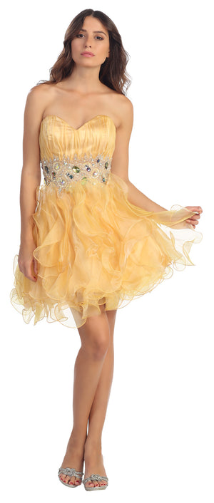 Image of Strapless Rhinestone Waist Ruffled Short Party Prom Dress in Gold