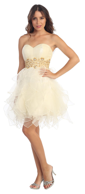 Image of Strapless Layered Skirt Organza Short Party Dress in Ivory