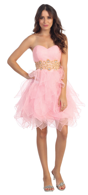 Image of Strapless Layered Skirt Organza Short Party Dress in Pink