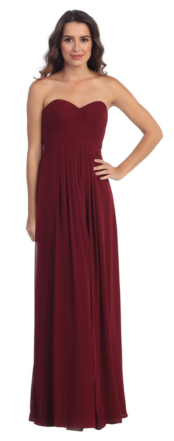 Image of Strapless Pleated Bodice Long Formal Bridesmaid Dress in Burgundy