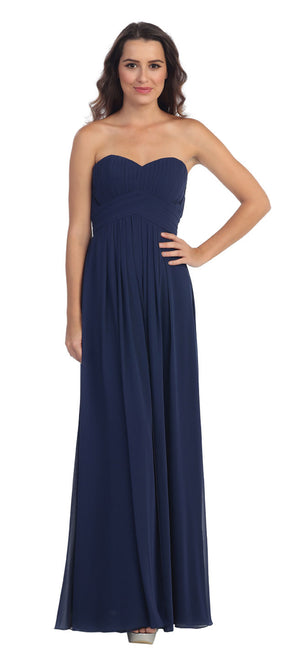 Image of Strapless Pleated Bodice Long Formal Bridesmaid Dress in Navy