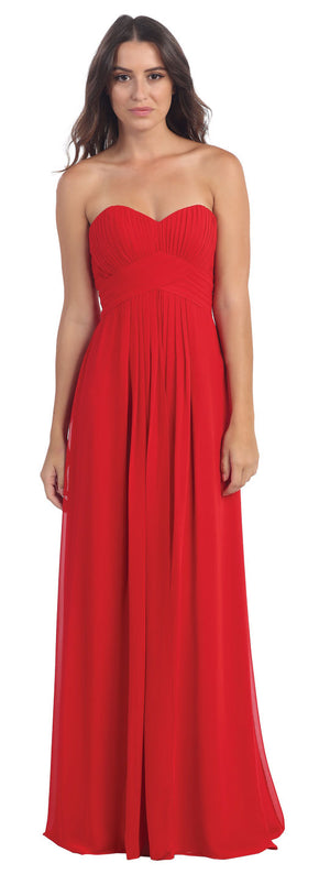 Image of Strapless Pleated Bodice Long Formal Bridesmaid Dress in Red