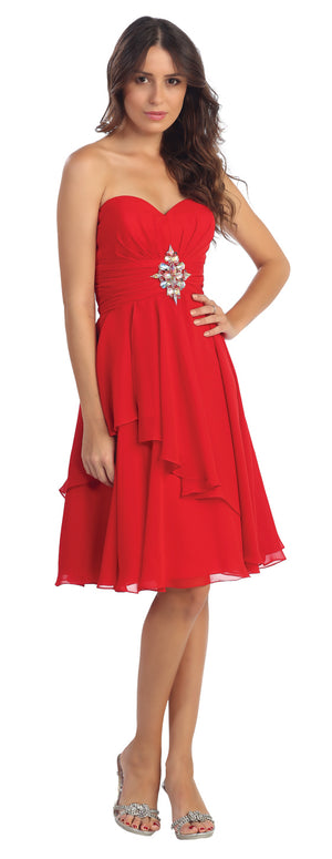 Image of Strapless Ruched Short Formal Bridesmaid Party Dress in Red