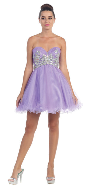 Image of Strapless Floral Beaded Bust Short Tulle Party Dress in Lilac