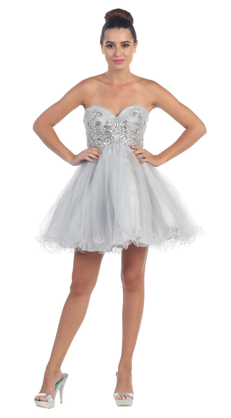 Image of Strapless Floral Beaded Bust Short Tulle Party Dress in Silver