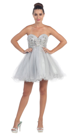 Image of Strapless Floral Beaded Bust Short Tulle Party Dress in Silver