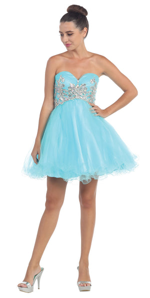 Image of Strapless Floral Beaded Bust Short Tulle Party Dress in Turquoise