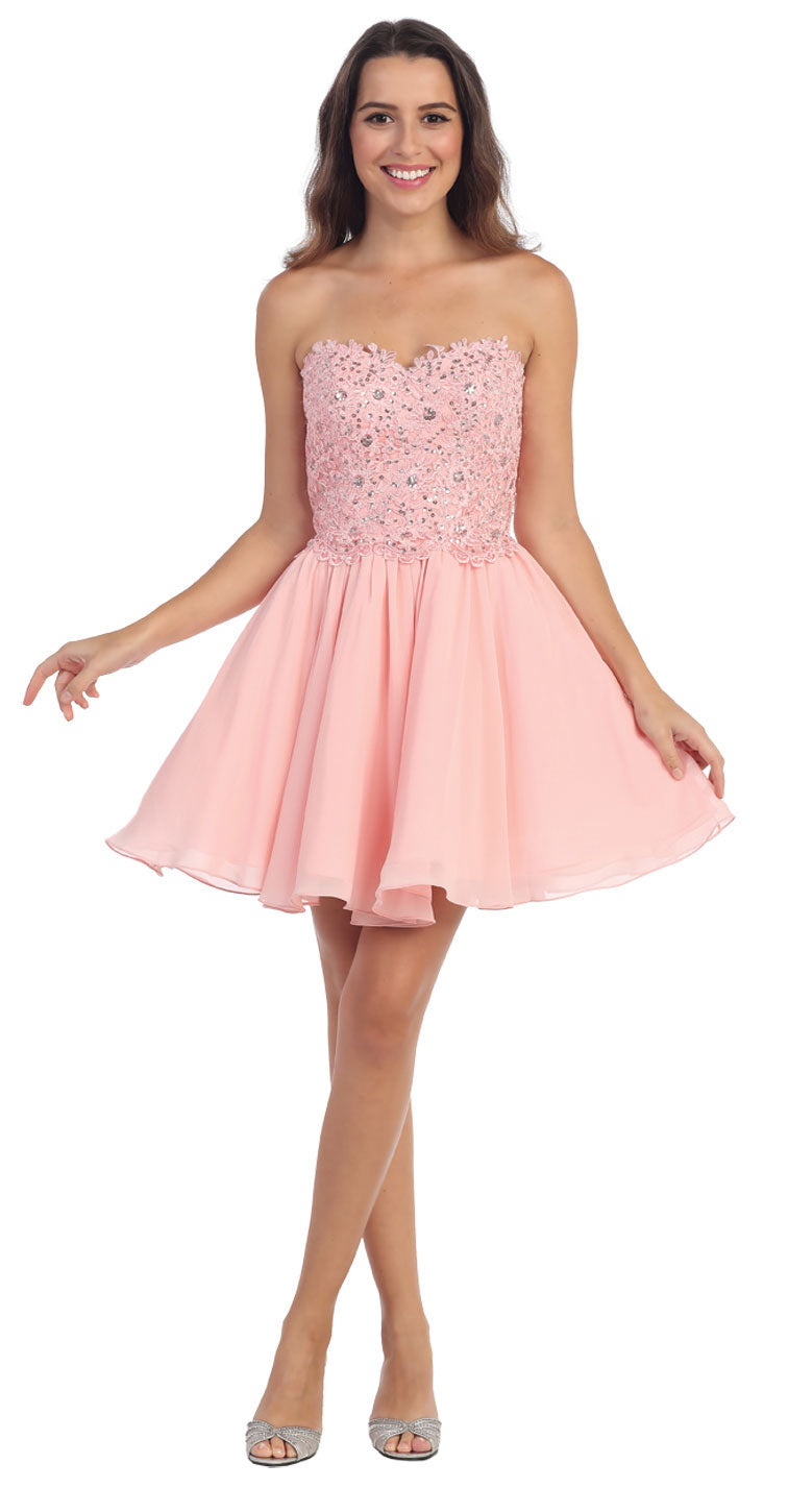 Image of Strapless Lace & Beads Bodice Short Party Bridesmaid Dress in Blush