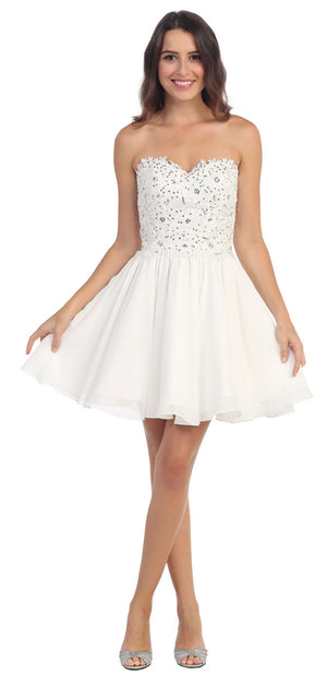 Image of Strapless Lace & Beads Bodice Short Party Bridesmaid Dress in Ivory