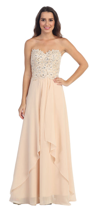 Image of Strapless Lace Beaded Bodice Long Formal Bridesmaid Dress in Champaign