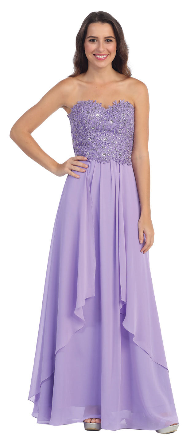 Image of Strapless Lace Beaded Bodice Long Formal Bridesmaid Dress in Lilac