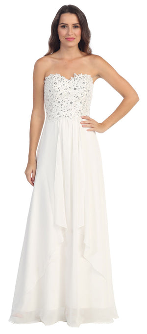 Image of Strapless Lace Beaded Bodice Long Formal Bridesmaid Dress in Off White