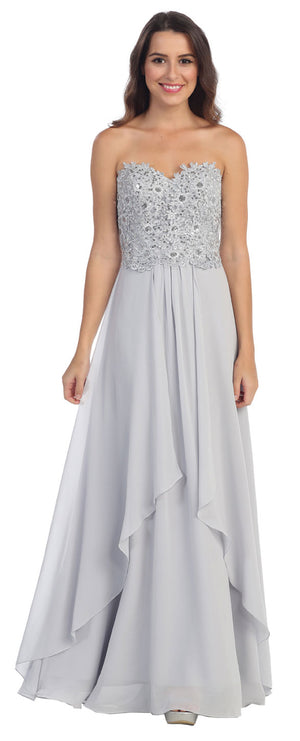 Image of Strapless Lace Beaded Bodice Long Formal Bridesmaid Dress in Silver