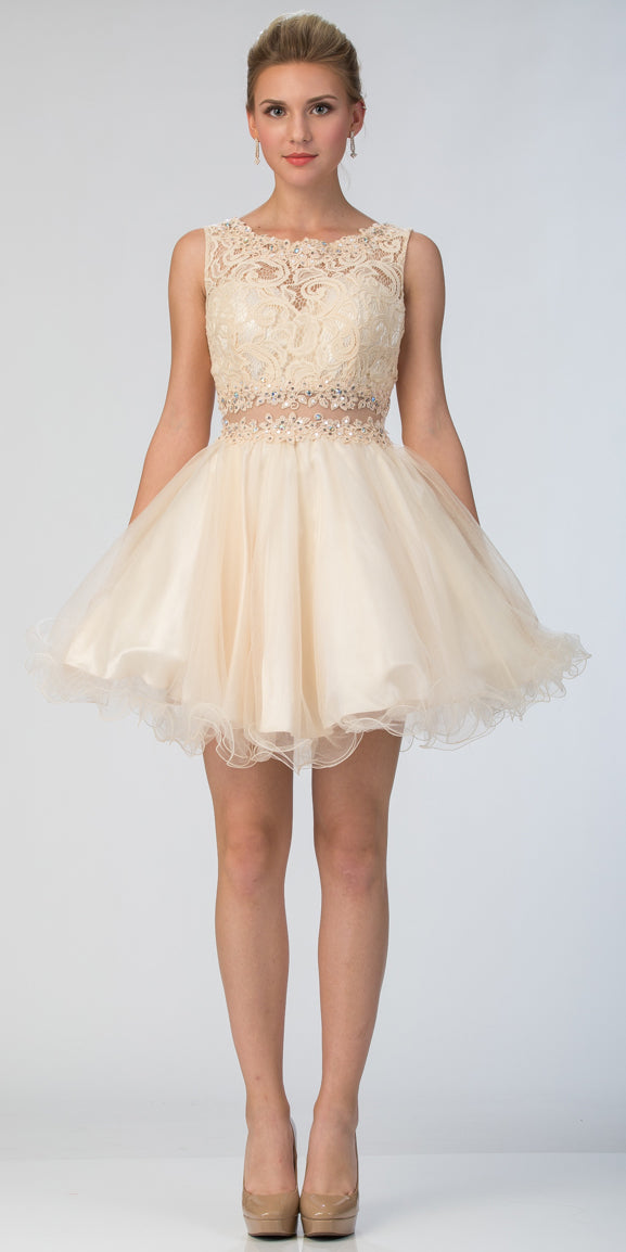 Image of Beaded Lace Bust Mesh Babydoll Skirt Short Dress in Gold