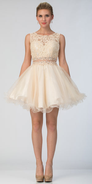 Image of Beaded Lace Bust Mesh Babydoll Skirt Short Dress in Gold