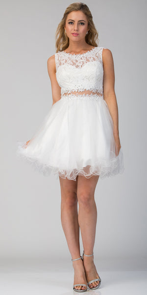 Image of Beaded Lace Bust Mesh Babydoll Skirt Short Dress in Off White