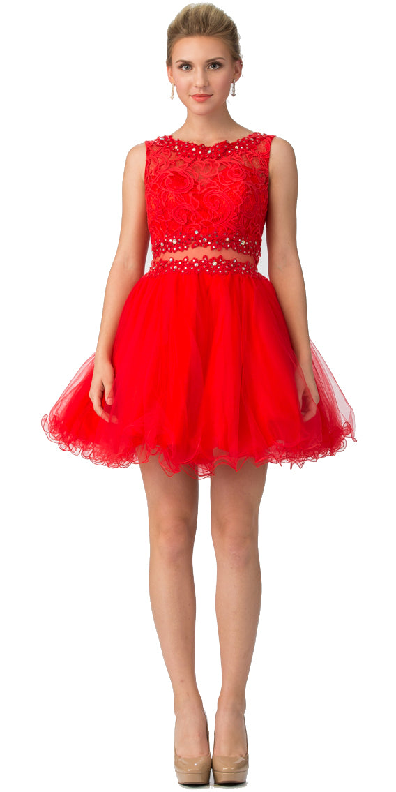 Image of Beaded Lace Bust Mesh Babydoll Skirt Short Dress in Red
