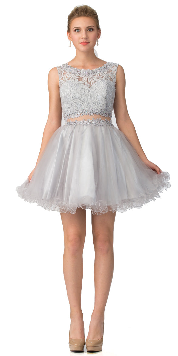 Main image of Beaded Lace Bust Mesh Babydoll Skirt Short Dress
