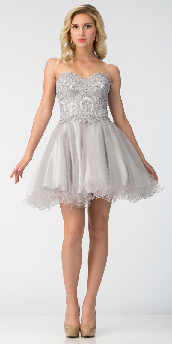 Main image of Strapless Beaded Lace Top Tulle Short Homecoming Dress