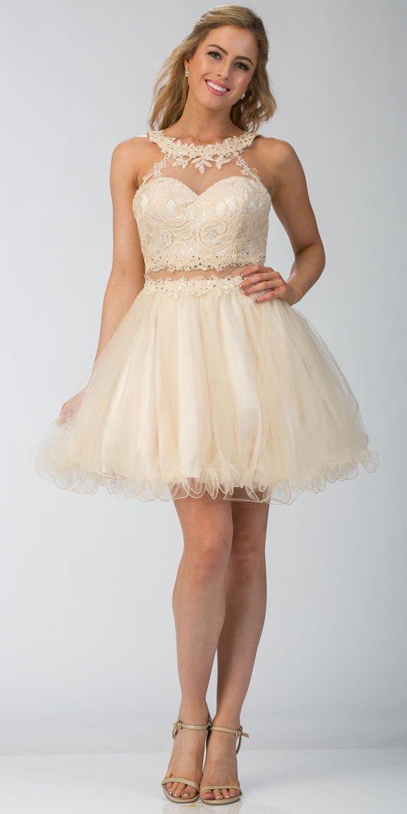 Main image of Lace High Neck Top Sheer Waist Babydoll Homecoming Dress