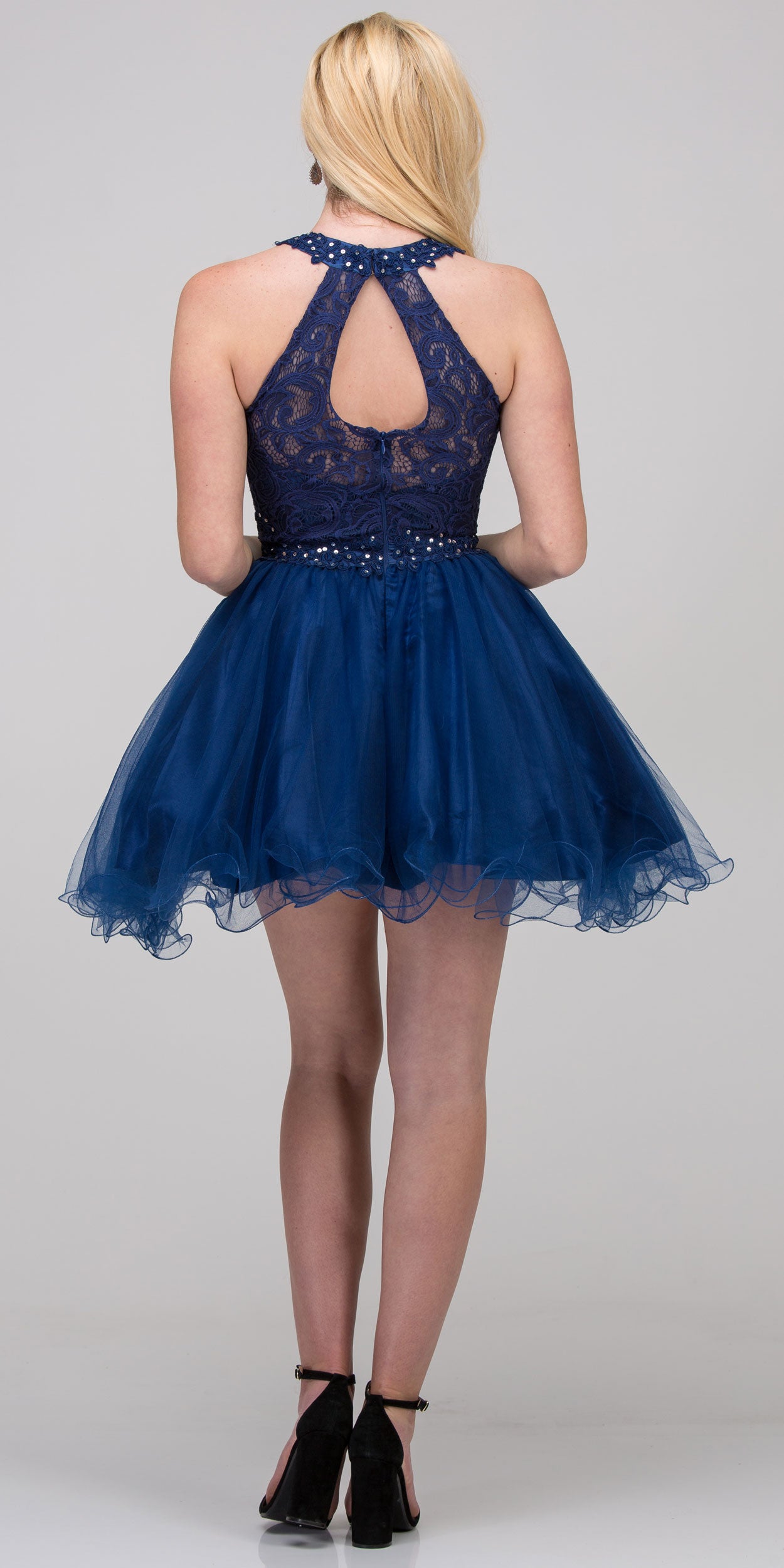 Image of Lace High Neck Top Sheer Waist Babydoll Homecoming Dress in Navy