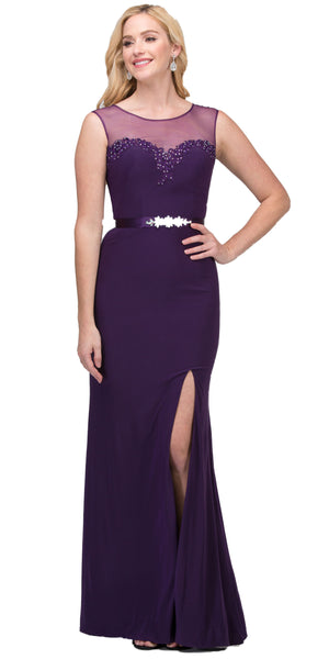 Image of Round Neck Bejeweled Waist Long Formal Bridesmaid Dress in Egg Plant