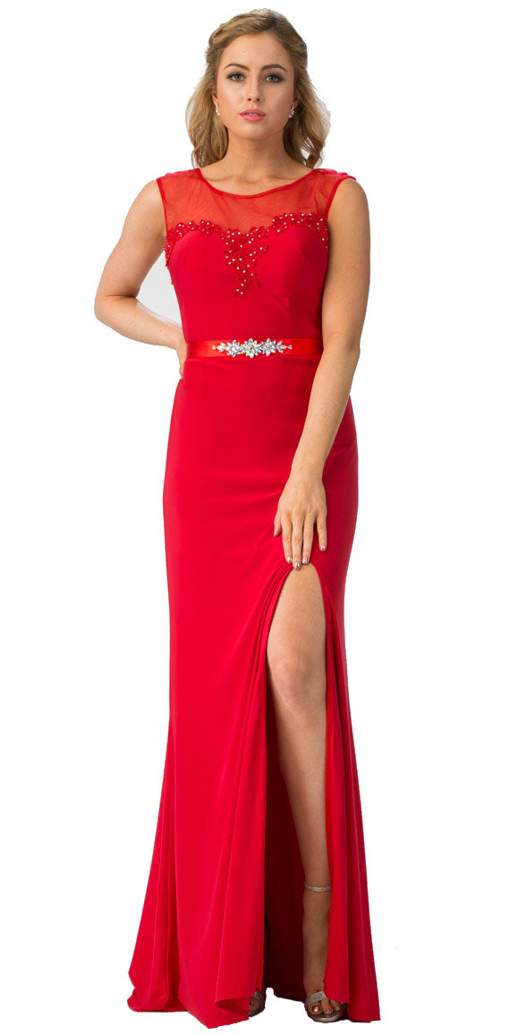 Main image of Round Neck Bejeweled Waist Long Formal Bridesmaid Dress