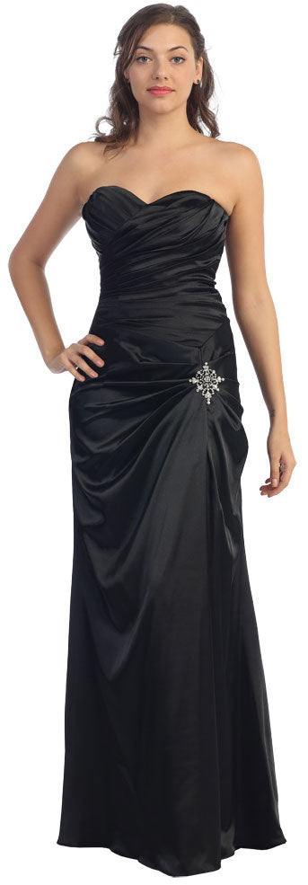 Main image of Strapless Pleated Long Bridesmaid Dress With Brooch Accent