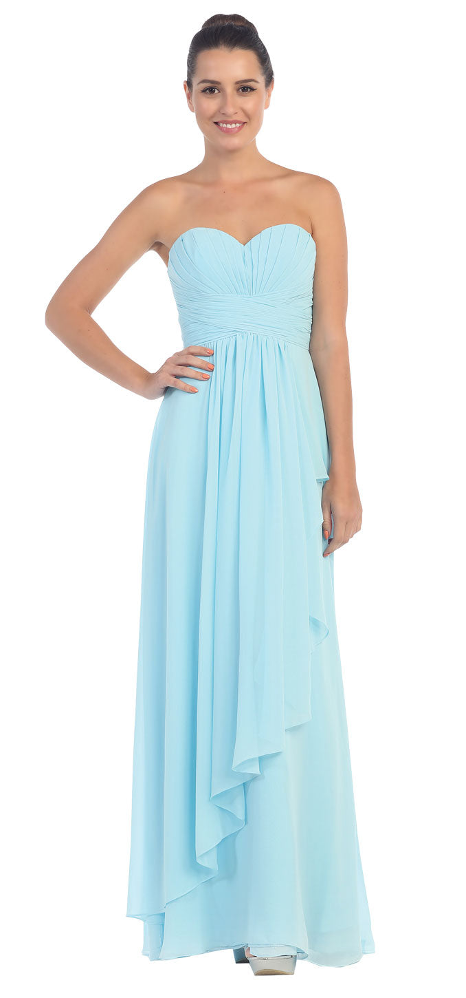 Image of Strapless Pleated & Shirred Bust Long Bridesmaid Dress in Light Blue
