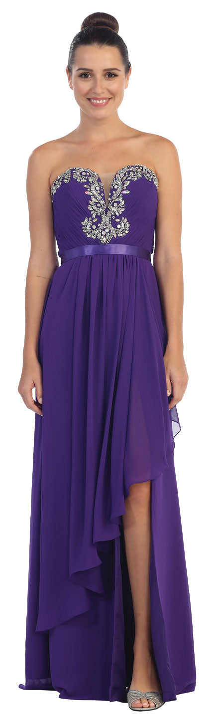 Main image of Strapless Ruffled Overlay Beaded Long Formal Evening Dress