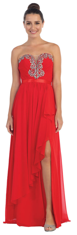 Image of Strapless Ruffled Overlay Beaded Long Formal Evening Dress in Red