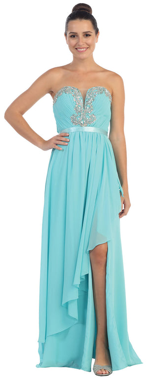 Image of Strapless Ruffled Overlay Beaded Long Formal Evening Dress in Teal Blue