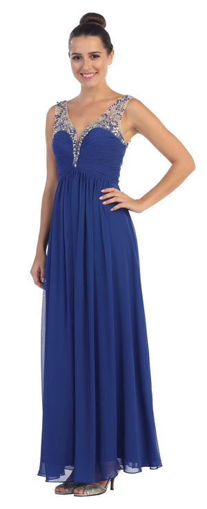 Image of V-neck Bejeweled Bust & Shoulders Long Formal Evening Dress in Royal Blue
