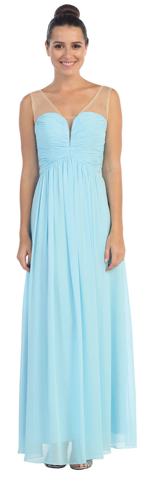 Image of V-neck Mesh Shoulders Shirred Bust Long Bridesmaid Dress in Light Blue