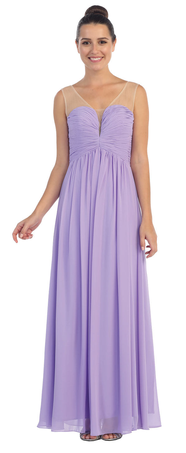 Image of V-neck Mesh Shoulders Shirred Bust Long Bridesmaid Dress in Lilac