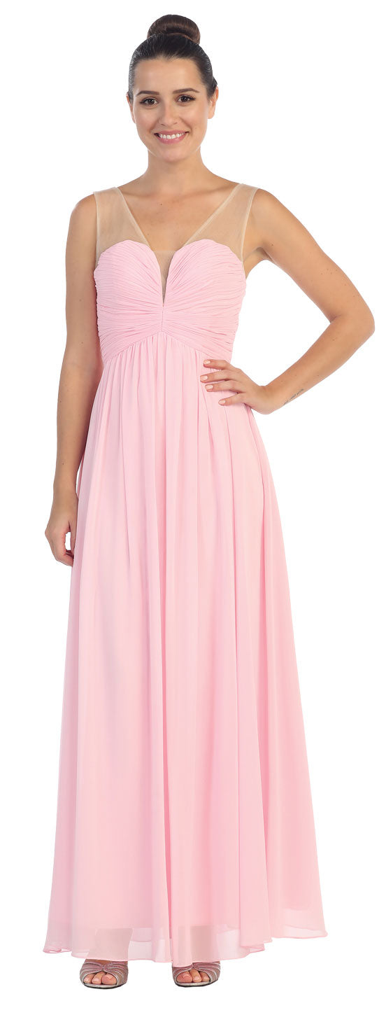 Main image of V-neck Mesh Shoulders Shirred Bust Long Bridesmaid Dress