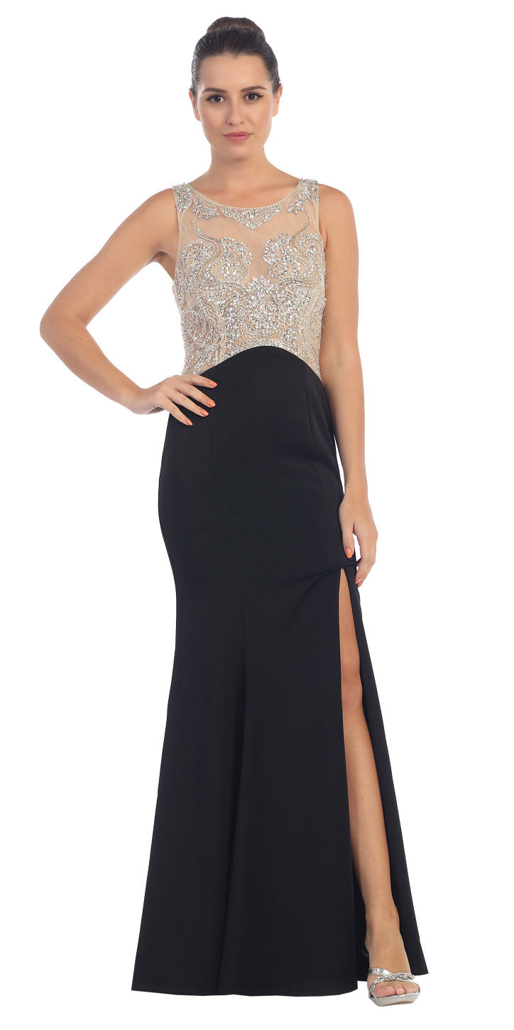 Image of Rhinestones Mesh Top Flared Skirt Long Prom Dress in Black