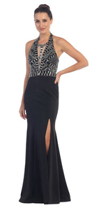 Image of Halter Neck Rhinestones Bust Flared Skirt Long Prom Dress in Black