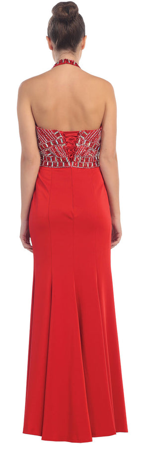 Back image of Halter Neck Rhinestones Bust Flared Skirt Long Prom Dress
