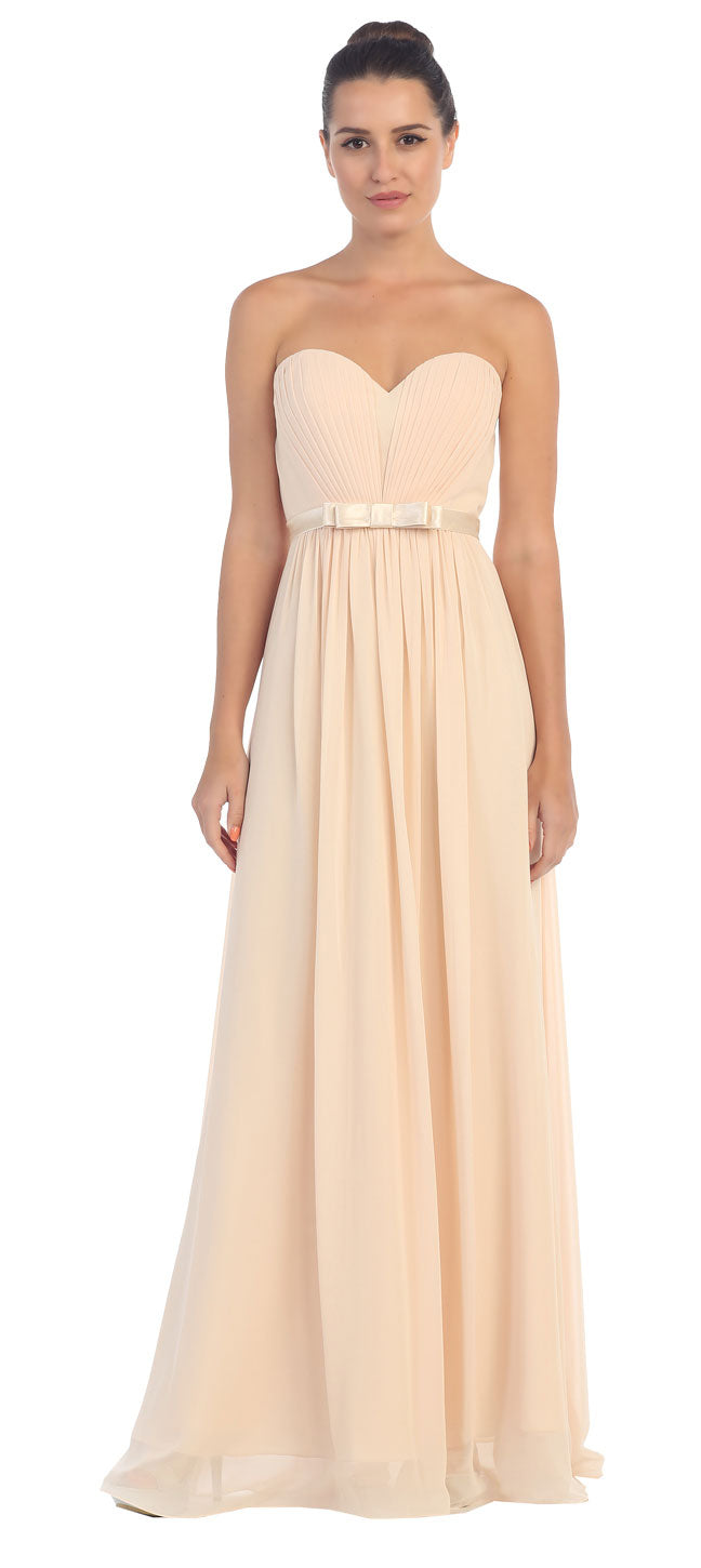 Image of Strapless Pleated Bust Bow Waist Long Bridesmaid Dress in Champaign