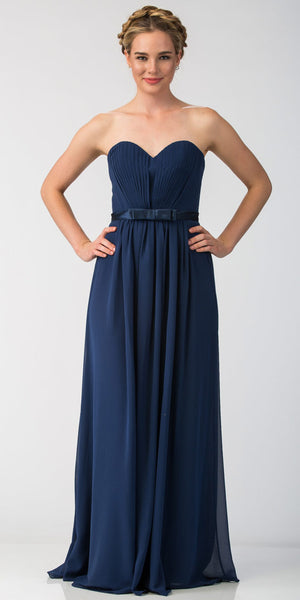 Image of Strapless Pleated Bust Bow Waist Long Bridesmaid Dress in Navy