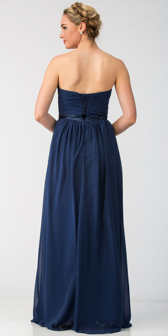Back image of Strapless Pleated Bust Bow Waist Long Bridesmaid Dress