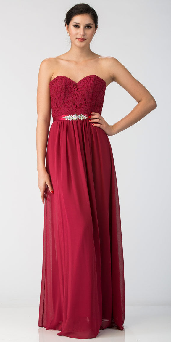 Main image of Strapless Floral Lace Bust Long Formal Bridesmaid Dress
